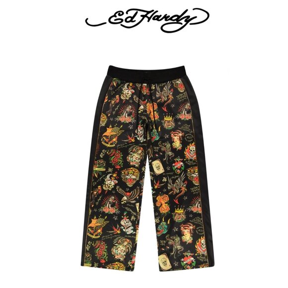 NWT- ED HARDY COLORFUL FLASHBOARD TATTOO PRINT TRACK PANTS / SWEATPANTS - SIZE S - Picture 1 of 5